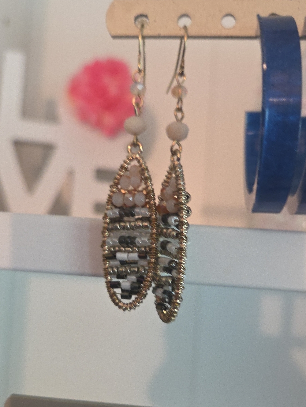 Gold and White Beaded Drop Earrings — Women Jewelry